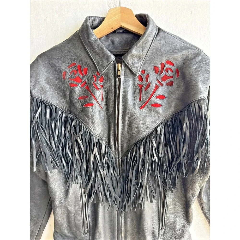 Vintage UNIK Premium Rose Fringe Motorcycle Leather Jacket Black Women’s Large - Picture 2 of 12